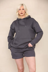 Oversized Pullover Hoodie and Short Loungewear Set Charcoal Grey Cicay